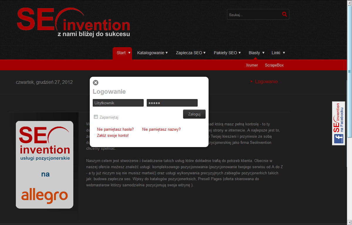 Sklep internetowy Seoinvention - logowanie