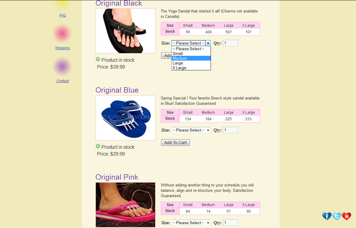 Sklep internetowy Yoga Sandals - warianty produktów