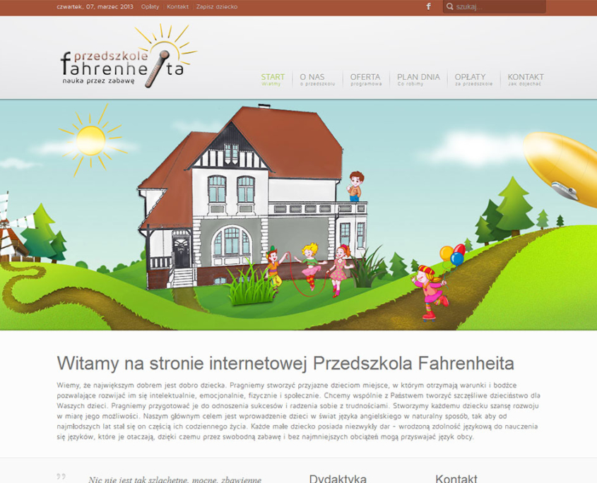 Strona www Przedszkola Fahrenheita zaprojektowana przez Entera Studio WWW - animowana strona startowa