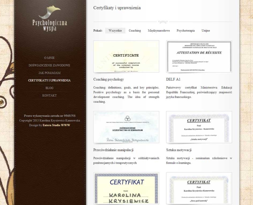 Personalna strona www lekarz-psycholog zaprojektowana przez Entera Studio WWW - katalog certyfikatów