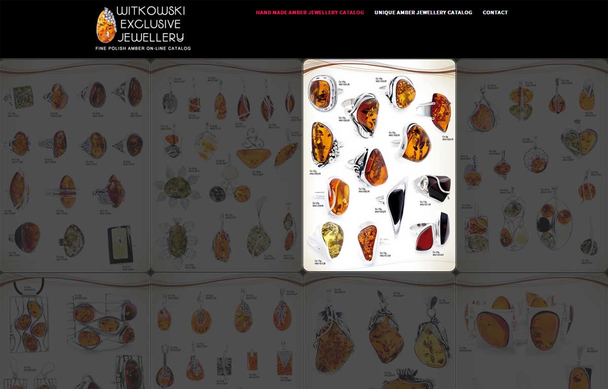 Katalog ekskluzywnej biżuterii z bursztynu zaprojektowany przez Entera Studio WWW - wyróżniona karta produktu