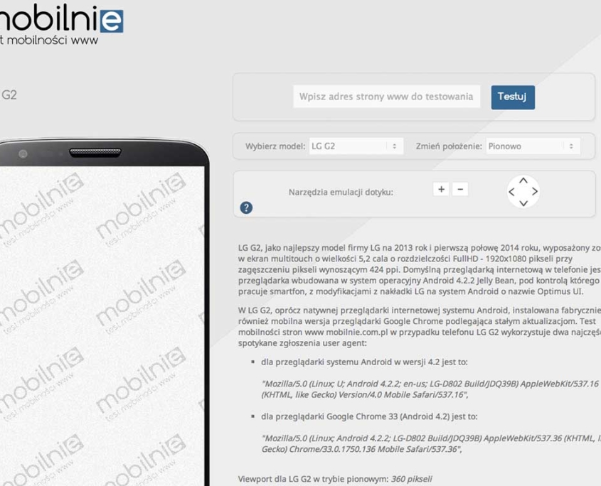 Mobilnie.com.pl - test mobilności stron www, emulator telefonu LG G2