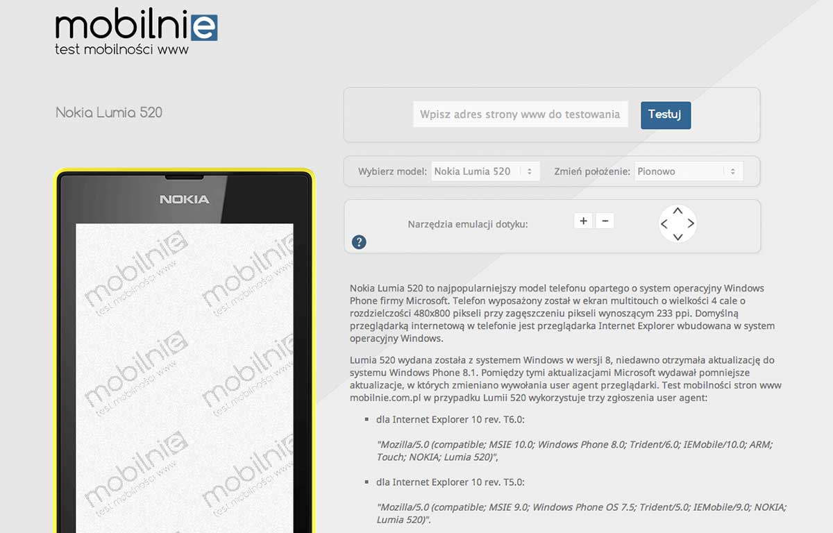 Mobilnie.com.pl - test mobilności stron www, emulator telefonu Nokia Lumia 520