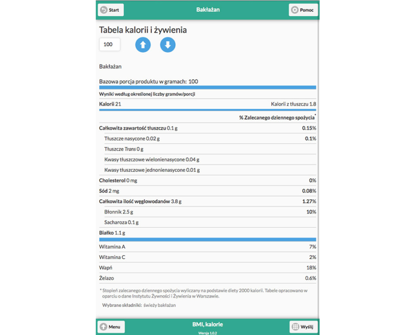 Aplikacja mobilna BMI Kalorie Tablice żywienia - tablica żywieniowa