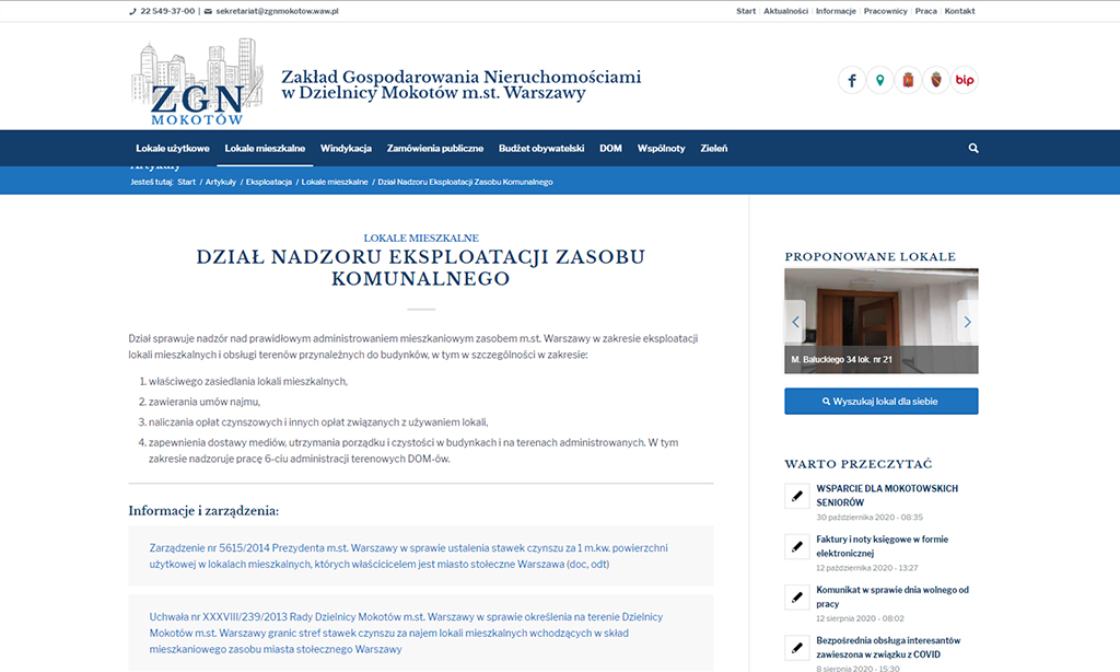 Portal Zakładu Gospodarki Nieruchomościami Mokotów Warszawa - sekcje informacyjne